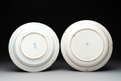 Two blue and white Dutch Delft chinoiserie dishes, a plate and a plaque, 18th C.