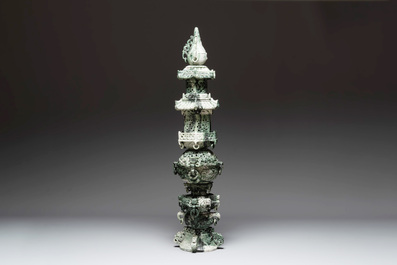 A large Chinese jade pagoda on wooden stand, 20th C.