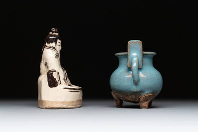 A Chinese junyao purple-splashed tripod censer and a Cizhou brush washer, Ming