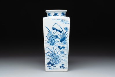 A Chinese blue and white square flask with floral design, Kangxi