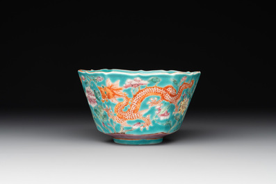 A Chinese famille rose 'parrot' plate and a turquoise-ground 'dragon' bowl, Daoguang mark and of the period