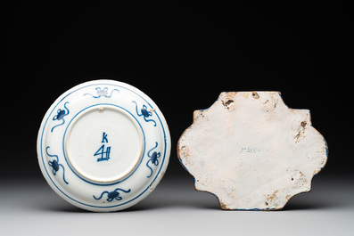 Two blue and white Dutch Delft chinoiserie dishes, a plate and a plaque, 18th C.