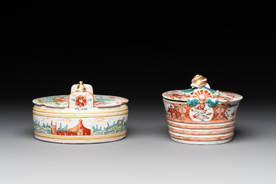Two polychrome Dutch Delft petit feu butter tubs, 18th C.