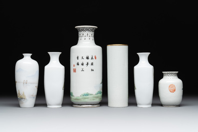 Six small Chinese famille rose vases, Qianlong and Hongxian marks, 20th C.