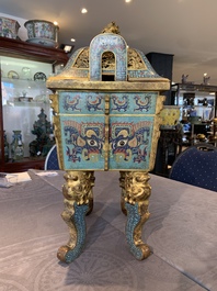 An exceptional Chinese cloisonn&eacute; &lsquo;Taotie&rsquo; censer and cover, 'fang ding 方鼎', Qianlong