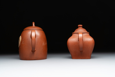 Three Chinese Yixing stoneware teapots, Gu Jingzhou 顧景舟, Yu Guoliang 俞國良 and Cui Zhu Xuan 翠竹軒 seal marks, 20th C.