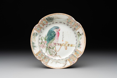 A Chinese famille rose 'parrot' plate and a turquoise-ground 'dragon' bowl, Daoguang mark and of the period