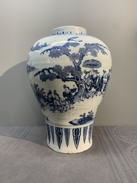 A very large Dutch Delft blue and white chinoiserie baluster vase, last quarter 17th C.