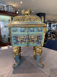 An exceptional Chinese cloisonn&eacute; &lsquo;Taotie&rsquo; censer and cover, 'fang ding 方鼎', Qianlong