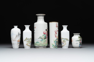 Six small Chinese famille rose vases, Qianlong and Hongxian marks, 20th C.