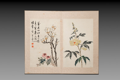 Chinese school: 'Flowers and calligraphies', writings with signatures of celebrities, ink and colour on paper