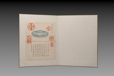 Chinese school: 'Album of Qing dynasty imperial porcelain', Qianlong seal mark, ink and colour on silk, 19/20th C.