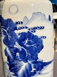 A Chinese blue and white 'deer and crane' rouleau vase, Kangxi