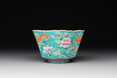 A Chinese famille rose 'parrot' plate and a turquoise-ground 'dragon' bowl, Daoguang mark and of the period