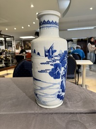 A Chinese blue and white 'deer and crane' rouleau vase, Kangxi