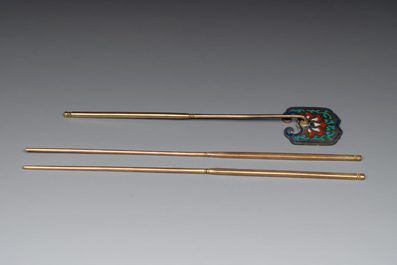 A Chinese cloisonn&eacute; covered censer, a vase with incense tools and a covered box with Arabic inscriptions, Republic