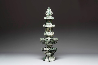 A large Chinese jade pagoda on wooden stand, 20th C.