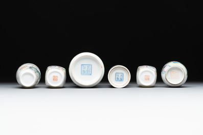 Six small Chinese famille rose vases, Qianlong and Hongxian marks, 20th C.