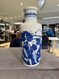 A Chinese blue and white 'deer and crane' rouleau vase, Kangxi