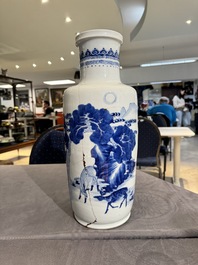 A Chinese blue and white 'deer and crane' rouleau vase, Kangxi