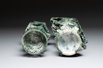 A large Chinese jade pagoda on wooden stand, 20th C.