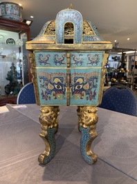 An exceptional Chinese cloisonn&eacute; &lsquo;Taotie&rsquo; censer and cover, 'fang ding 方鼎', Qianlong