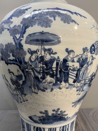 A very large Dutch Delft blue and white chinoiserie baluster vase, last quarter 17th C.