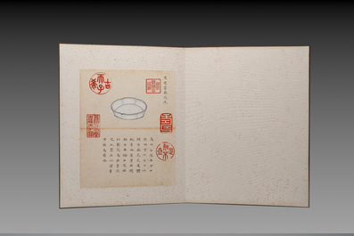 Chinese school: 'Album of Qing dynasty imperial porcelain', Qianlong seal mark, ink and colour on silk, 19/20th C.