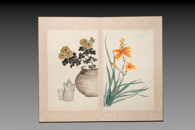 Chinese school: 'Flowers and calligraphies', writings with signatures of celebrities, ink and colour on paper