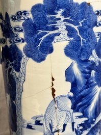A Chinese blue and white 'deer and crane' rouleau vase, Kangxi