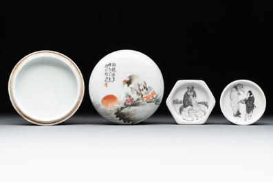 A Chinese grisaille 'orchid' cup, two snuff dishes, a famille rose seal paste box and a qianjiang cai plaque, 19/20th C.