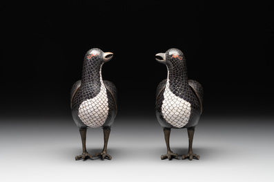 A pair of Chinese cloisonn&eacute; quail-shaped incense burners and covers, 19th C.