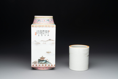 A Chinese famille rose 'cong' vase and a grisaille and iron-red-decorated brush pot, Jingdezhen mark, 20th C.