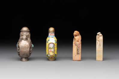 Two Chinese snuff bottles, four soapstone seals and a lacquer covered box, 20th C.