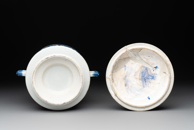 A Chinese blue and white two-handled container and cover with floral design, Kangxi