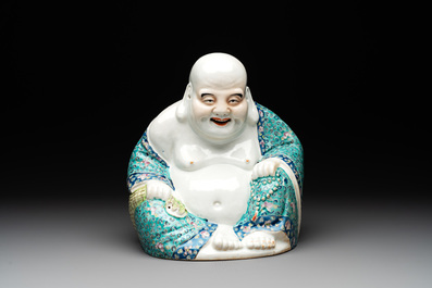 A Chinese famille rose turquoise-ground Milefo Buddha, Wan Tong Shun 萬同順 mark, Republic