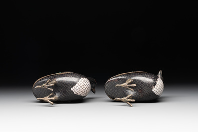 A pair of Chinese cloisonn&eacute; quail-shaped incense burners and covers, 19th C.