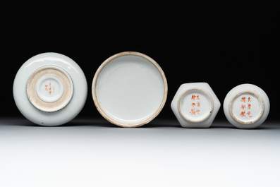 A Chinese grisaille 'orchid' cup, two snuff dishes, a famille rose seal paste box and a qianjiang cai plaque, 19/20th C.