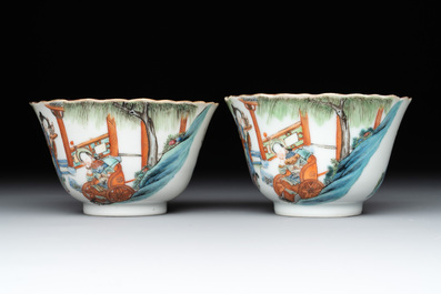 A pair of Chinese famille rose cups and saucers with figural design, Xianfeng mark and of the period