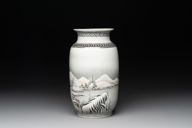 A Chinese grisaille 'winter landscape' vase, Qianlong mark, 20th C.