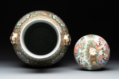 A pair of Chinese Canton famille rose vases and covers with narrative design, 19th C.