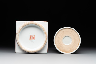 A Chinese famille rose 'cong' vase and a grisaille and iron-red-decorated brush pot, Jingdezhen mark, 20th C.