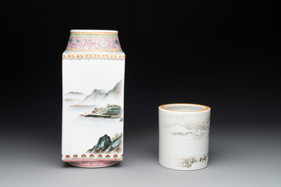 A Chinese famille rose 'cong' vase and a grisaille and iron-red-decorated brush pot, Jingdezhen mark, 20th C.