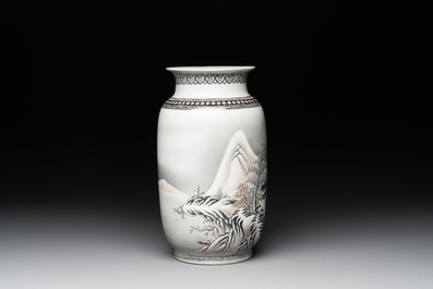 A Chinese grisaille 'winter landscape' vase, Qianlong mark, 20th C.