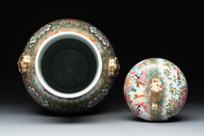 A pair of Chinese Canton famille rose vases and covers with narrative design, 19th C.