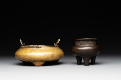 Two Chinese bronze tripod censers, Ming/Qing