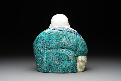 A Chinese famille rose turquoise-ground Milefo Buddha, Wan Tong Shun 萬同順 mark, Republic