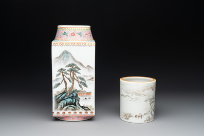 A Chinese famille rose 'cong' vase and a grisaille and iron-red-decorated brush pot, Jingdezhen mark, 20th C.