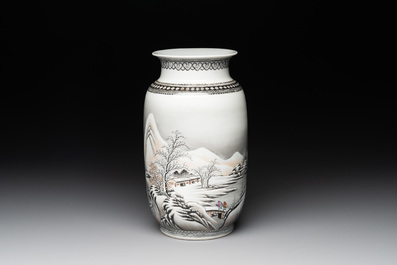 A Chinese grisaille 'winter landscape' vase, Qianlong mark, 20th C.