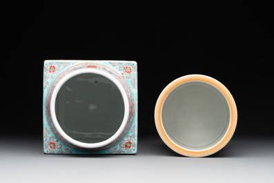 A Chinese famille rose 'cong' vase and a grisaille and iron-red-decorated brush pot, Jingdezhen mark, 20th C.